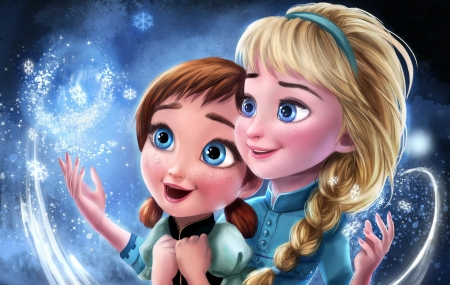 Anna and Elsa - ssister, frozen, blonde, fanart, girl, anna, blue, fantasy, princess, elsa, luminos, couple, disney, snow queen