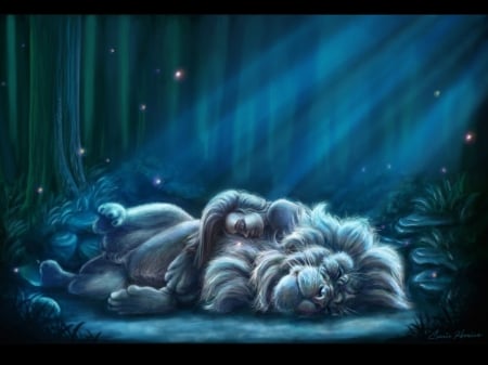 Beauty and the Beast under the moonlight - moon, beauty, lion, fantasy, sleep, beast, blue, luminos, animal, luna