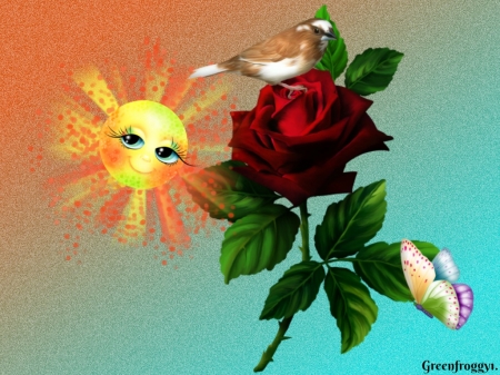 BIRD, BUTTERFLY AND ROSE - butterfly, rose, bird, sun