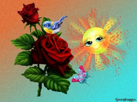 BUTTERFLY,ROSE AND BIRD - butterfly, rose, bird, sun