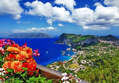 Beautiful Capri island - summer, town, blue, vacation, sea, island, travel, resort, flowers, view, Italy, Capri, paradise, sky, peninsula, bay