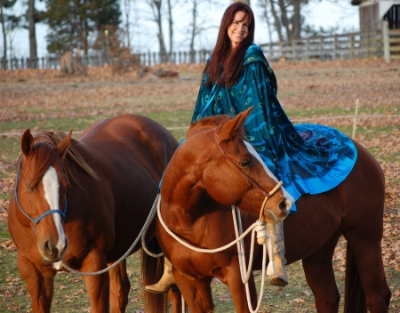 Happy With Her Horses . . - women, fun, female, boots, fashion, models, Templeton Thompson, brunettes, western, girls, cowgirl, style, outdoors, horses, country music, ranch