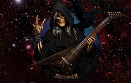 Death superstar - guitar, fantasy, instrument, hand, death, luminos, skull, bones