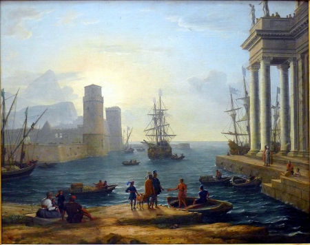 Sunrise - morning, claude lorrain, summer, port, painting, ship, luminos, pictura, sunrise