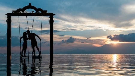 Romance - silhouette, couple, girl, water, sunset, summer, black, kiss, man, sea