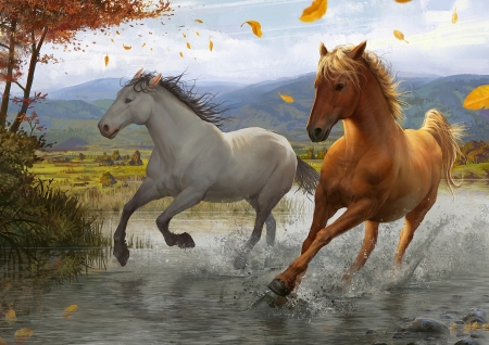 The storm - storm, water, cal, horse, fantasy, wind, toamna, autumn, leaf, couple, luminos