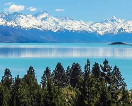 Mountain Over Lake and Trees - trees, snow, landscape, forest, mountain, nature, pine, lake, sky