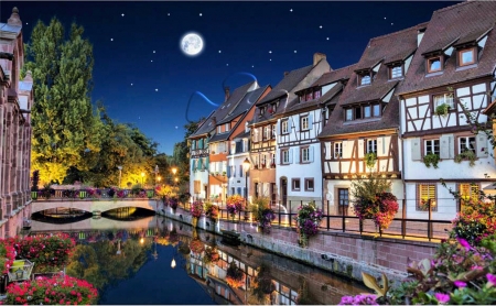 Strasbourg, France - reflections, moon, houses, river, night, bridge, lights