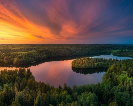 Forest River Sunset View From Above - river, trees, sunset, nature, summer, landscape, forest, sky