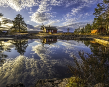 Sky in the Lake - poured, sky, lake, trees, nature, reflection, clouds, down, house