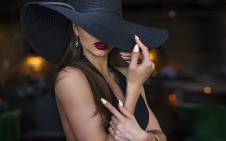 Beauty - woman, lips, hat, girl, red, hand, model