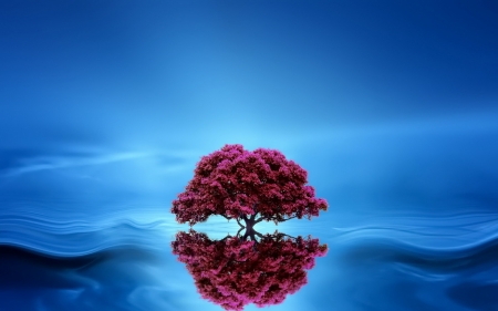 Pink tree - summer, fantasy, pink, water, reflection, tree, blue