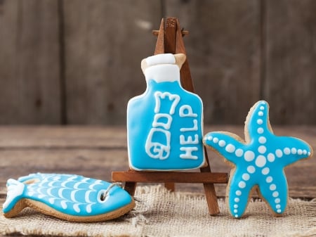 Happy Summer - cookie, summer, funny, starfish, blue, help, message, card, fish, bottle