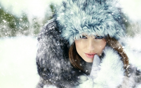 Beauty - hat, fur, winter, woman, model, girl, snow, glove