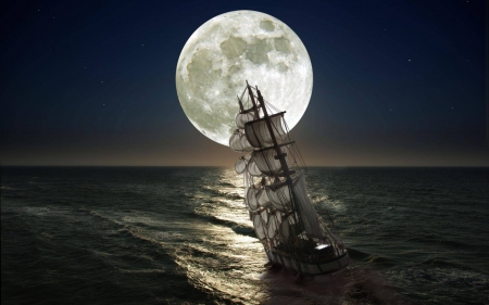 under a full moon - space, fun, boat, ocean, cool, full moon