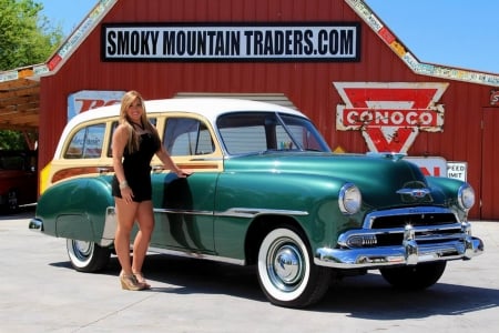 1951 Chevy Deluxe Tin Woody 235 3 Speed and Girl - Car, Tin, Deluxe, Chevrolet, Girl, 235, 3-Speed, Woody, Old-Timer