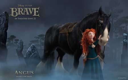 Brave - brave, poster, pixar, merida, girl, angus, horse, redhead, movie, princess, disney