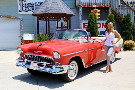 1955 Chevy Bel Air Convertible 265 V8 and Girl - v8, girl, bel air, 265, chevy, car, red, old-timer, convertible