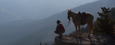 Thinking Spot - Mountains, Man, Hat, Horse, Sky