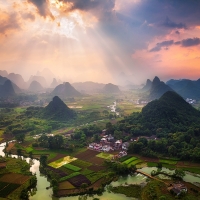 Sunrays over a Village in China