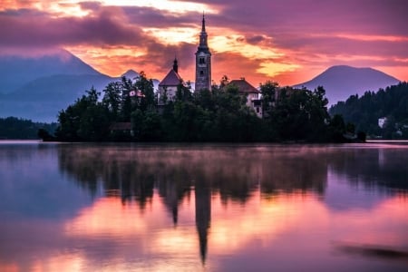 Lake Bled, Slovenia - sunset, island, colors, mountains, houses, church, sky