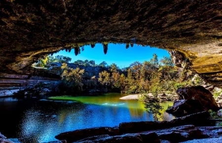 Lovely View - cave, trees, water, nature