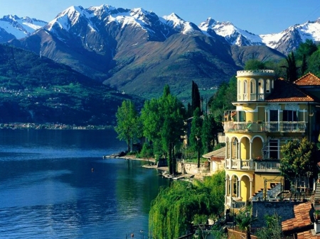 Lake Como, Italy - trees, water, alps, mountains, chalet