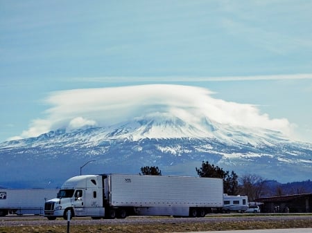 mt. Shasta - truck, clouds, mountain, sky