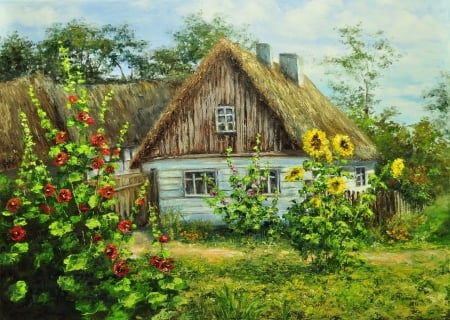 Summer Village House - village, flowers, house, nature, summer, green, grass