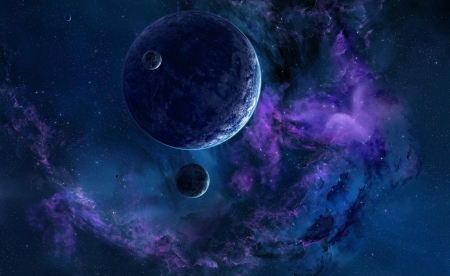 Planets - purple, stars, luminos, blue, nebula, planet, space, cosmos