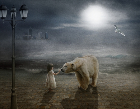 Moonlight - moon, girl, polar bear, night, copil, child, fantasy, creative, lantern, animal, luna, rafy a, little