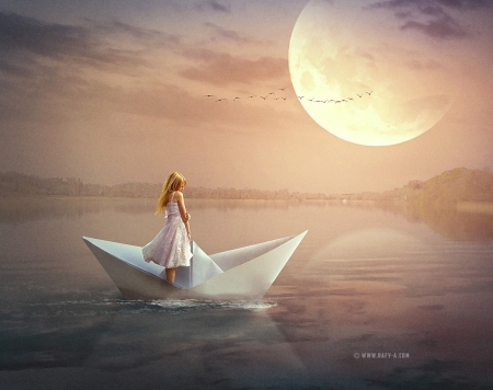 Paper boat - moon, paper boat, water, summer, girl, sea, creative, fantasy, rafy a, luna