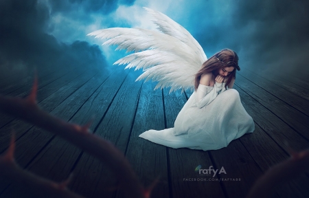 Angel - white, girl, angel, blue, wings, creative, fantasy, rafy a