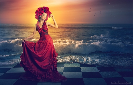 Beauty - dress, girl, flower, creative, fantasy, wreath, sunset, rafy a, red, woman, model