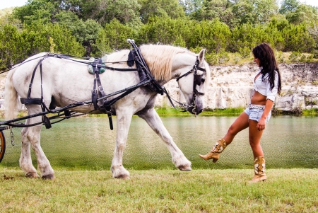 Horse Training . . - style, girls, horse, western, women, models, ranch, outdoors, lake, brunettes, cowgirl, fun, female, boots