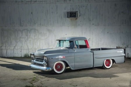 Old-School Cool 1958 Chevy Shortbed Fleetside - red accents, bowtie, light gray, gm