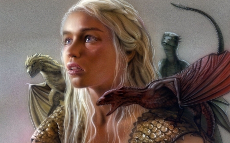 Daenerys with dragons - emilia clarke, daenerys targaryen, art, girl, luminos, mother of dragons, game of thrones, fantasy