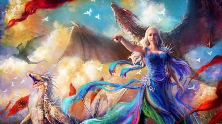 Daenerys - game of thrones, blue, girl, daenerys targaryen, fantasy, dragon, princess, art, luminos