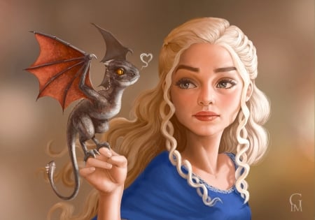 Daenerys - game of thrones, blue, girl, blonde, daenerys targaryen, fantasy, dragon, princess, art