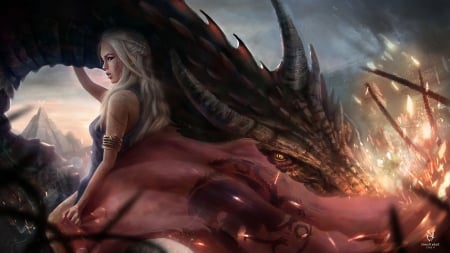 Daenerys - game of thrones, fantasy, dragon, girl, princess, art, daenerys targaryen, luminos