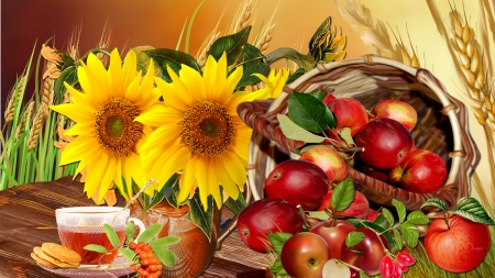 Apple Harvest - sunflowers, harvest, mountain ash berries, tea, fall, wheat, apples, Firefox Persona theme, autumn, cookies