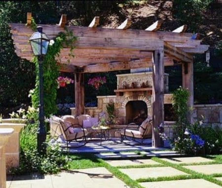 garden fireplace on terrace - terrace, architecture, fireplace, house, garden