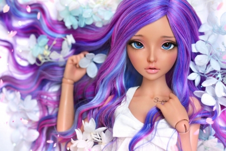 Doll - white, purple, doll, girl, pink, papusa, flower