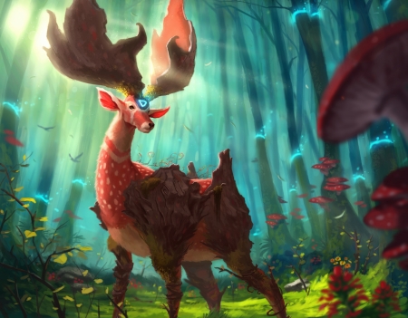 Magical deer - mushroom, magical, fantasy, horns, forest, red, creature, luminos, blue, green