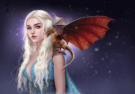 Mother of dragons - daenerys targaryen, princess, art, luminos, dragon, mother, game of thrones, fantasy