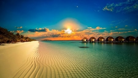 Tropical Sunset - Sand, Bungalows, Coast, Beach, Sunlight