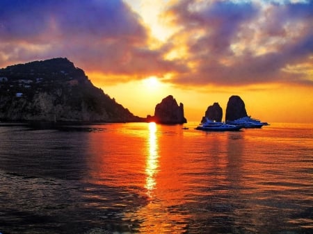 Sunset at Capri, Italy - sky, rocks, clouds, beach, sun