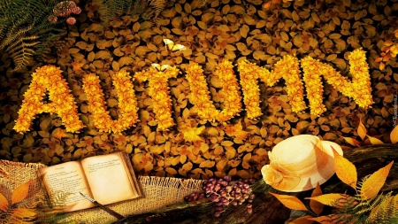 Autumn Wall - autumn, hat, time, brown, fall, leaves, colors, golden, butterflies