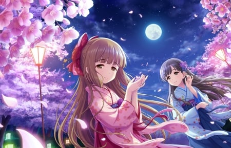 Idolmaster Girls - girls, japan, cute, game, sakura, night, manga, long hair, friends, kimono, japanese, anim