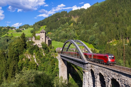 train on a bridge - fun, train, forest, cool, architecture, bridge